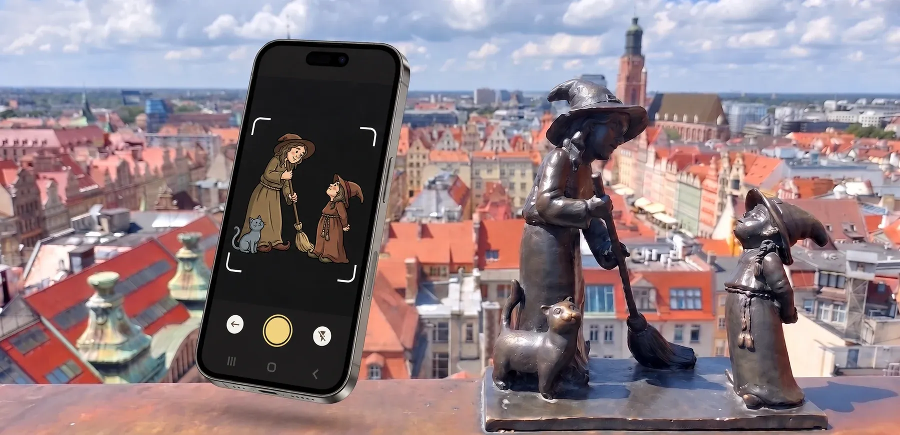Krasnale z brązu i aplikacja na tle panoramy Wrocławia